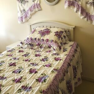 Lilac ruffled vintage bedspread and bed linens twin size